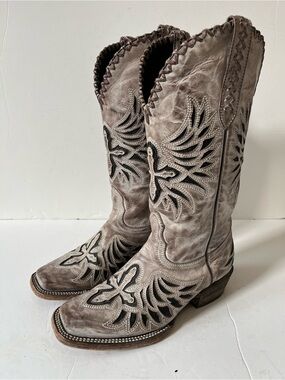 JB Dillon Buttercup Taupe Black Leather Western Boots Women Size 9B